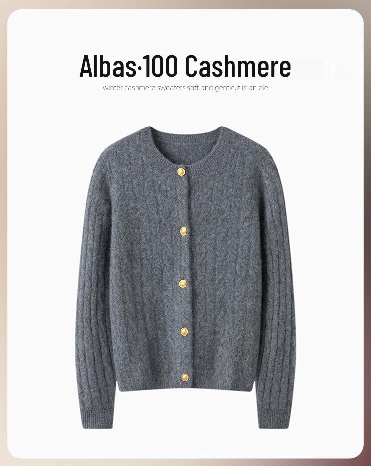 100% Pure Cashmere Women's Round Neck Loose Cable Knit Cardigan - Versatile & Casual for Autumn/Winter