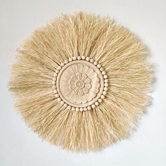 Ornament de paie Creativ țesut Macrame Mărgele din lemn de perete rotund Decor pentru fermă