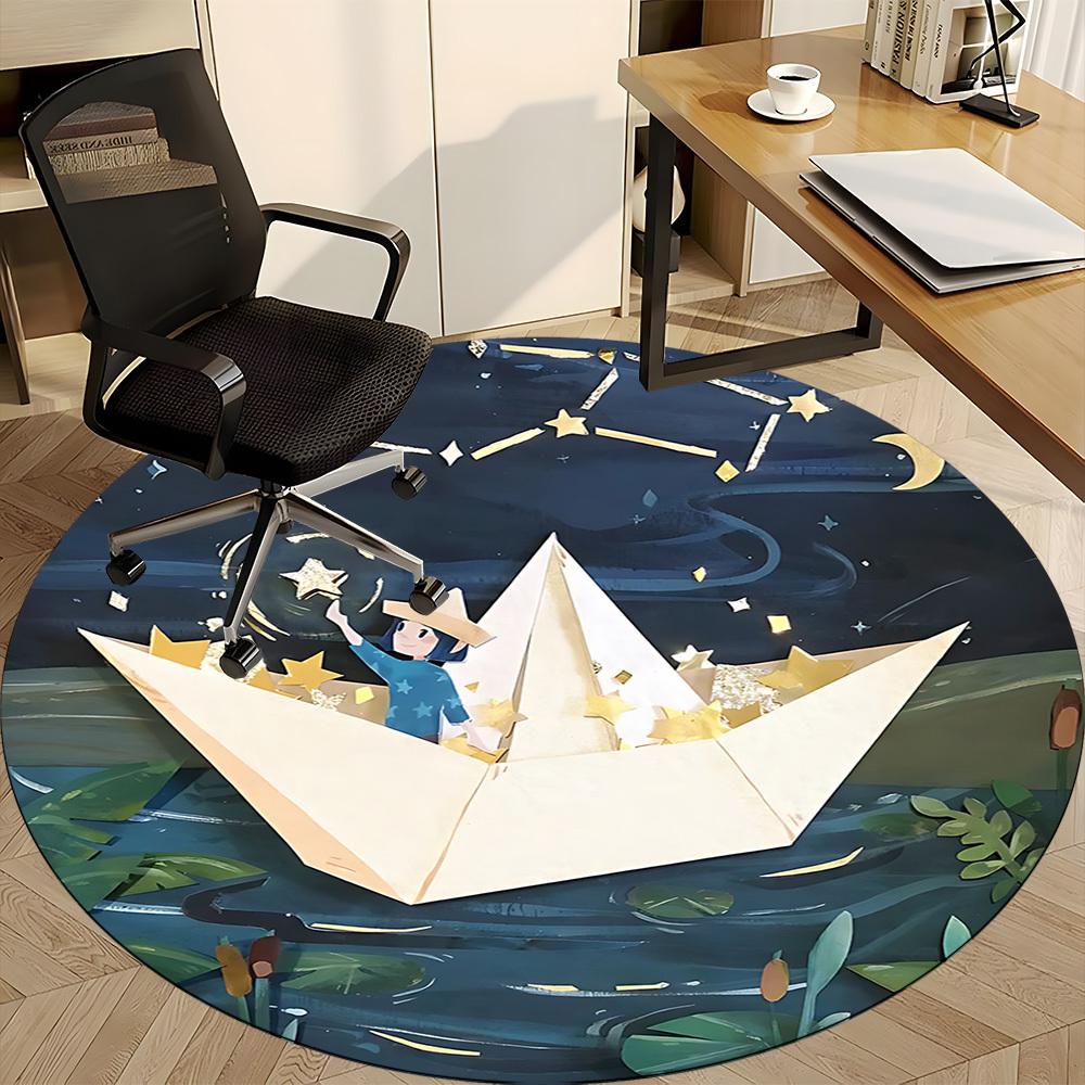 1pc Paper Boat Night Office Round Area Rug, Indoor Mat Suitable For Office, Under Office Chairs Bedroom Living Room Home Decor, Room Deco