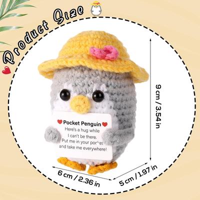 Funny Hug Pocket Penguin Dolls with Card  Cute Wool Crochet Emotional Support Penguin Doll with Summer Straw Hat Home Room Decor