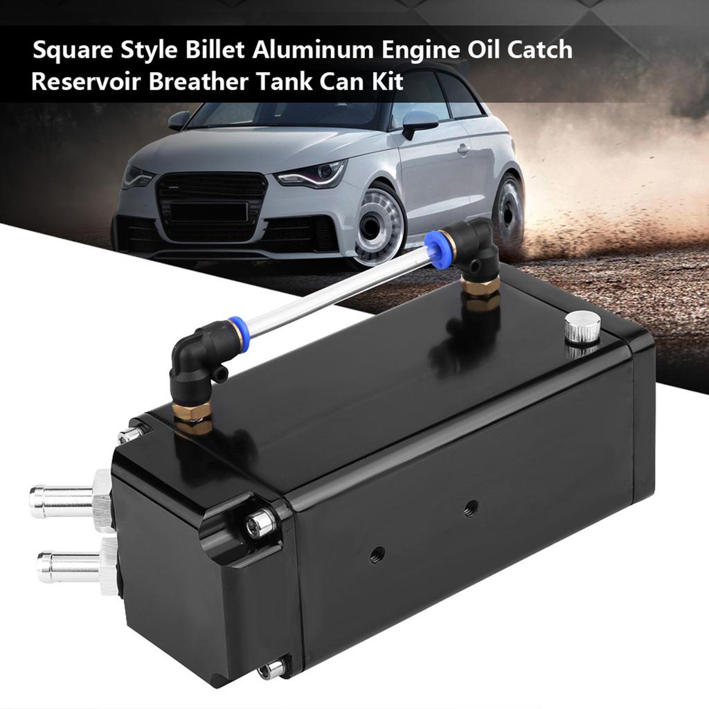 Square Style Billet Aluminum Engine Oil Catch Reservoir Breather Tank Can Kit Black