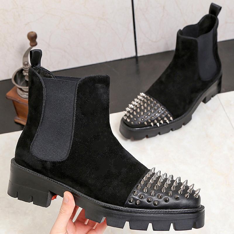 Chelsea Boots Men'S Boots Leather High-Top Rivet Boots Top Layer Cowhide Autumn And Winter Punk Boots Frosted Leather Boots Men