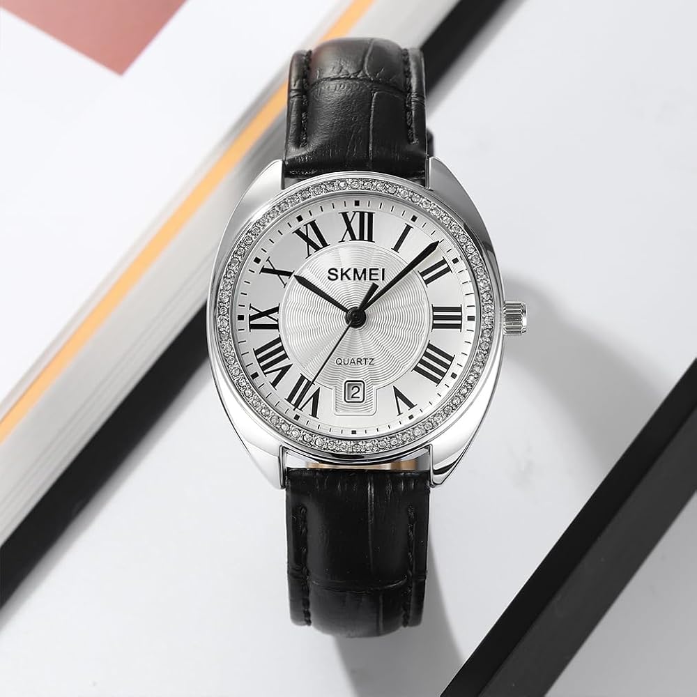 "Elegant Women's Analog Watch Black Silver Leather Strap Lightweight Waterproof Casual Business"