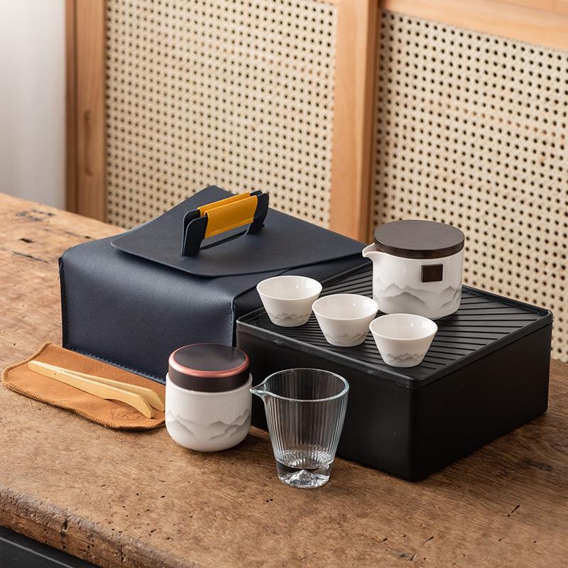 Guochao Travel Tea Set Portable Chinese Style Ink Painting Suet Jade White Porcelain Business Gifts Kuaike Cup