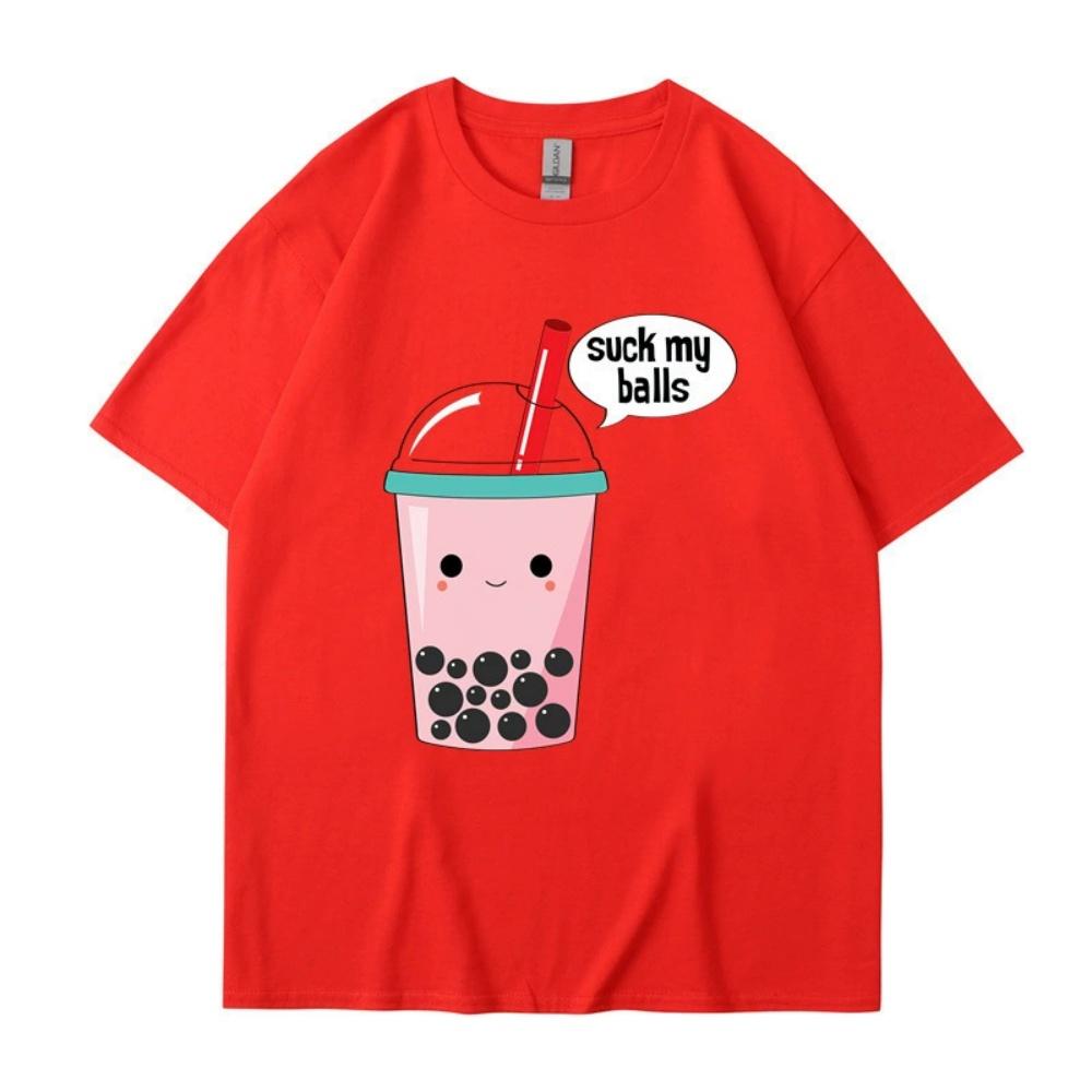 Cute Summer New Cotton Harajuku Unisexs Wounisex Top Fashion Short Sleeve Tshirt Cartoon Milk Tea Print Tops