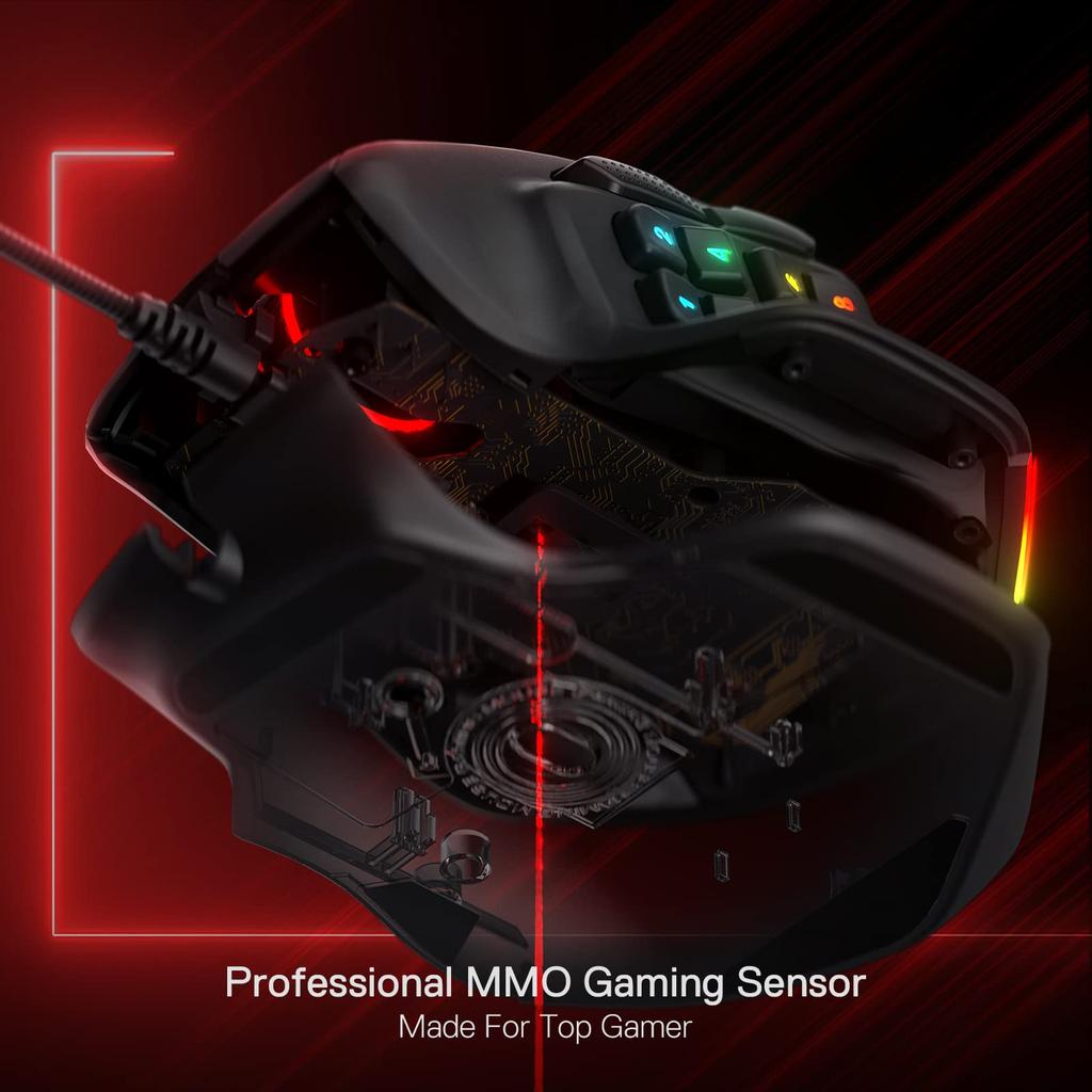Redragon M811 Aatrox MMO Gaming 15 Programmable Wired RGB Gaming Ergonomic Natural Grip 10 Side Macro DIY Keybinding Backlight Support Mouse, Buttons,