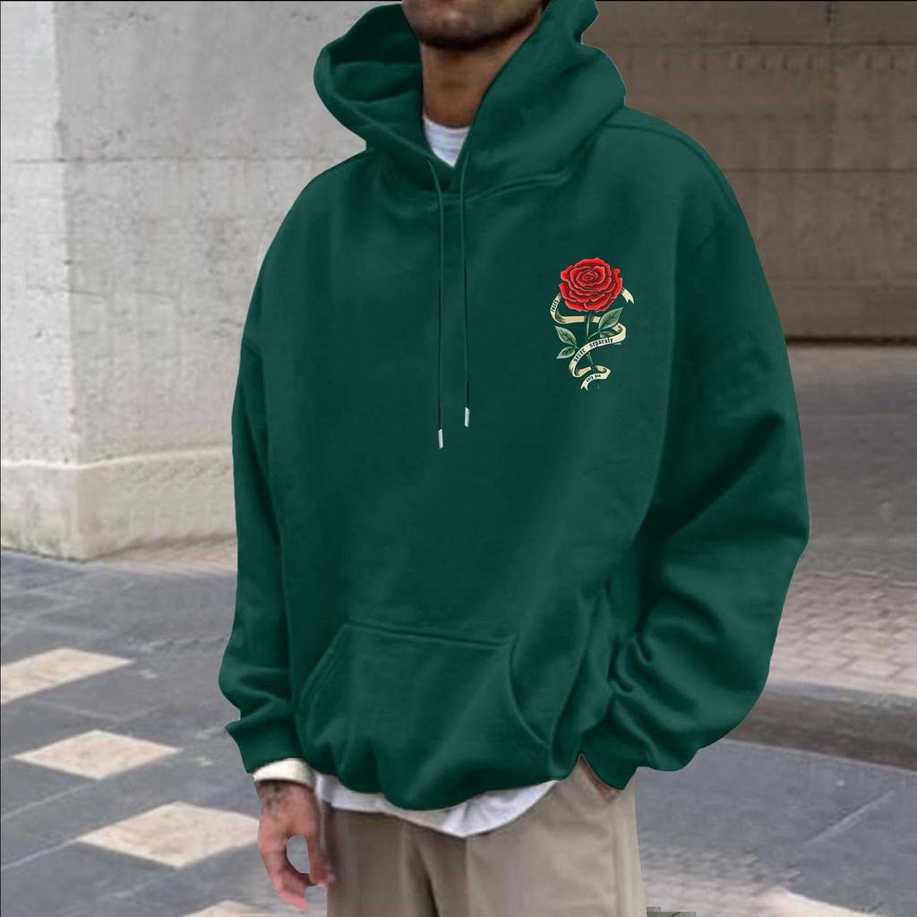 Unisex Long Sleeve Rose Print Pullover Hoodie with Front Pocket for Everyday Wear