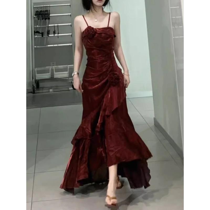 Korejské Vintage Sametové dlouhé šaty Dámské Luxusní Tenká Mořská Panna Špagetové Pásky Květinové Šaty Elegantní Sexy Ležérní Společenské šaty