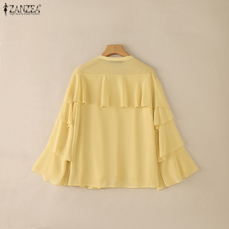 ZANZEA Bluză Casual pentru Femei cu Decolteu în V, Multi-stratificată cu Volane, cu Mânecă Lungă