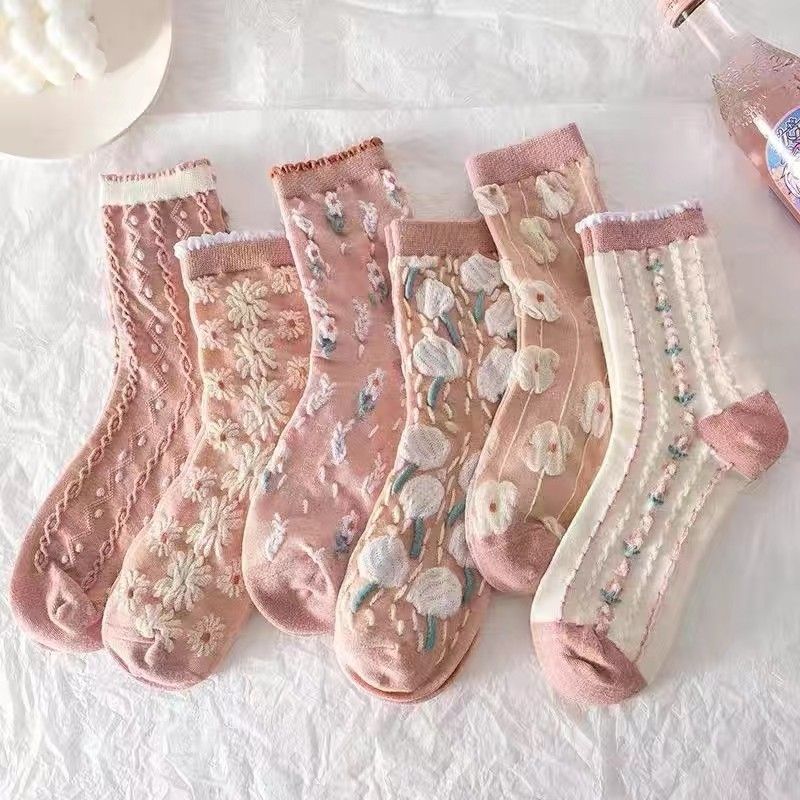 5 Pairs Spring and Summer Pink Girl Socks Medium Tube Retro Versatile Three-dimensional Korean Version Mori Cute Japanese Stockings