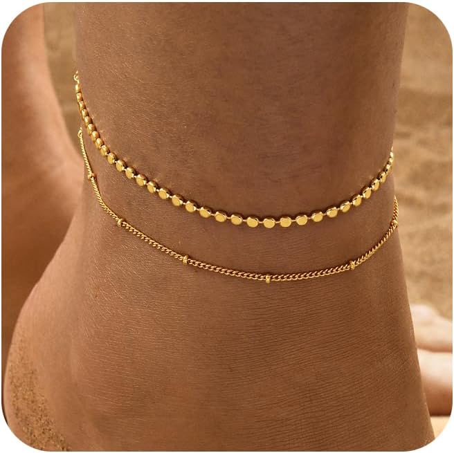 Waterproof 14K Gold Plated Anklets Set for Women Teen Girls, Layered Gold Ankle Bracelets Summer Beach Jewelry Gifts for Her