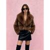 Womens Short Faux Fur Coat With Fox Hair Trim Collar Lapel Leather Patchwork Long Sleeve Winter Outerwear