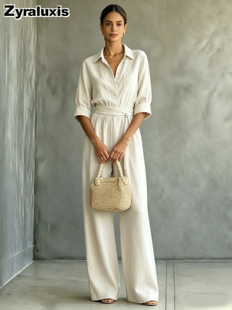 Autumn Mid-Sleeve Shirt Jumpsuit Women Loose Wide Leg Casual Fashion Set S