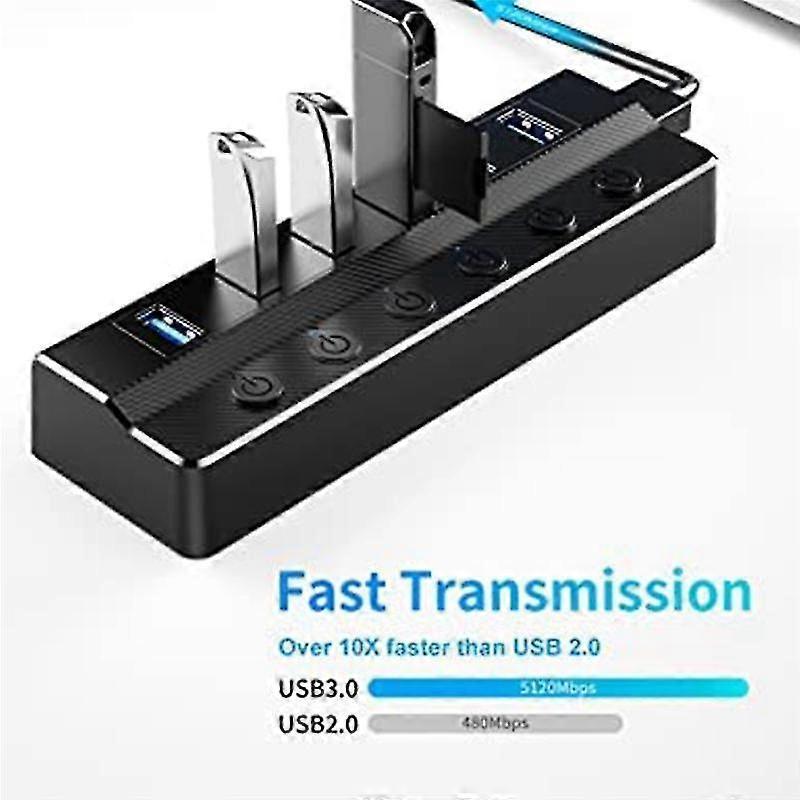 6-port Usb 3.0 Hub, Usb Splitter For Laptop With Individual On/off Switches And Light, 3ft Cord, Us
