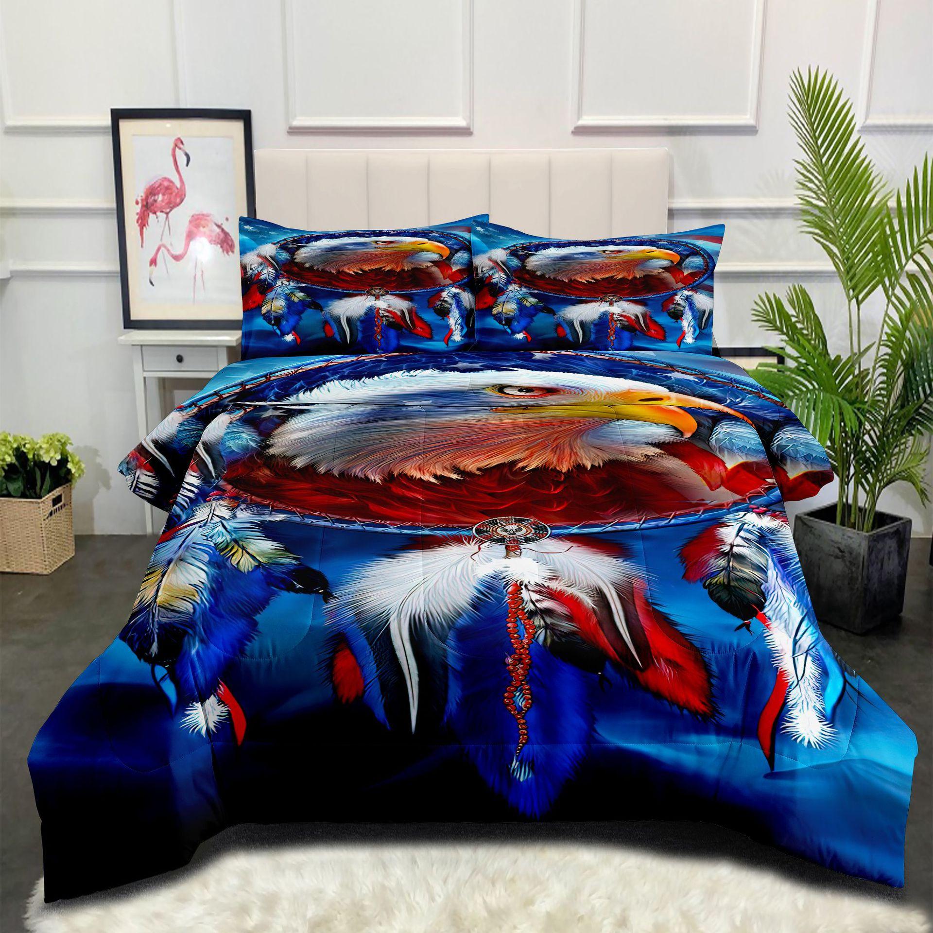 День Независимости Красный, Белый и Синий Флаг Тотем Перо Орла Шелк Хлопок Одеяло и Пододеяльник Трехпредметный Комплект 140*200cm