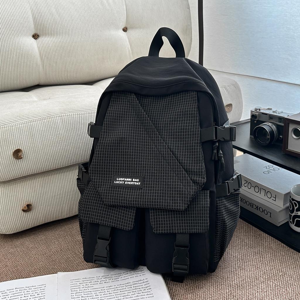 School Bag: New Middle School Student Backpack, Men's Large Capacity Plaid Trendy Brand Workwear Style, College Student Couple's Casual Travel 
