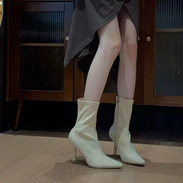 High heel thin elastic short boots women's 2025 autumn and winter new socks boots pointed thin heel beige Internet celebrity thin boots