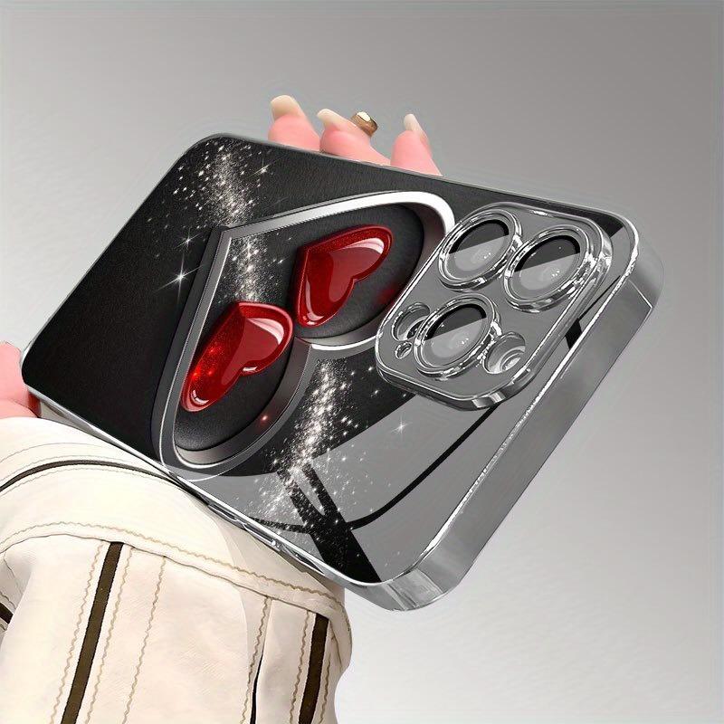 Cute Love Heart Print Tempered Glass Electroplated Phone Case For iPhone 17 16 15 14 13 12 11 Pro Max 14 Plus 16E 17 Air Cover