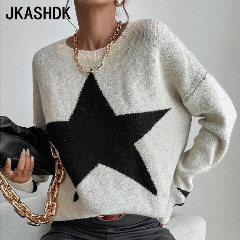 JKASHDK Damenmode Casual Pentagram Print Herbst Winter Langarm O-Ausschnitt Pullover
