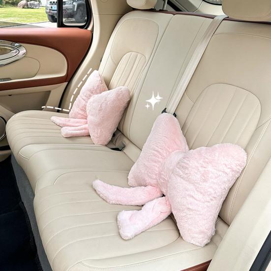 Plush Bow Car Headrest Pillow Lumbar Support Pillow Soft Comfortable Waist Pillow Elastic Bands Car Seat Back Cushion