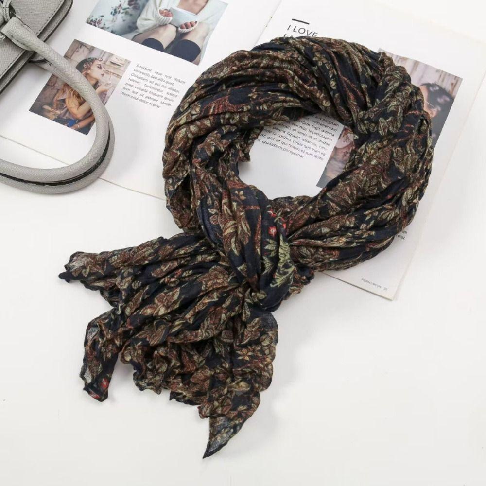 Floral Cotton Linen Scarf Vintage Long Shawl Wrap Fashion Pleated Printed Scarf  For Autumn Winter
