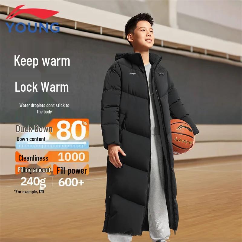 LI-NING Boys Reflective Water-Repellent Long Down Jacket 110