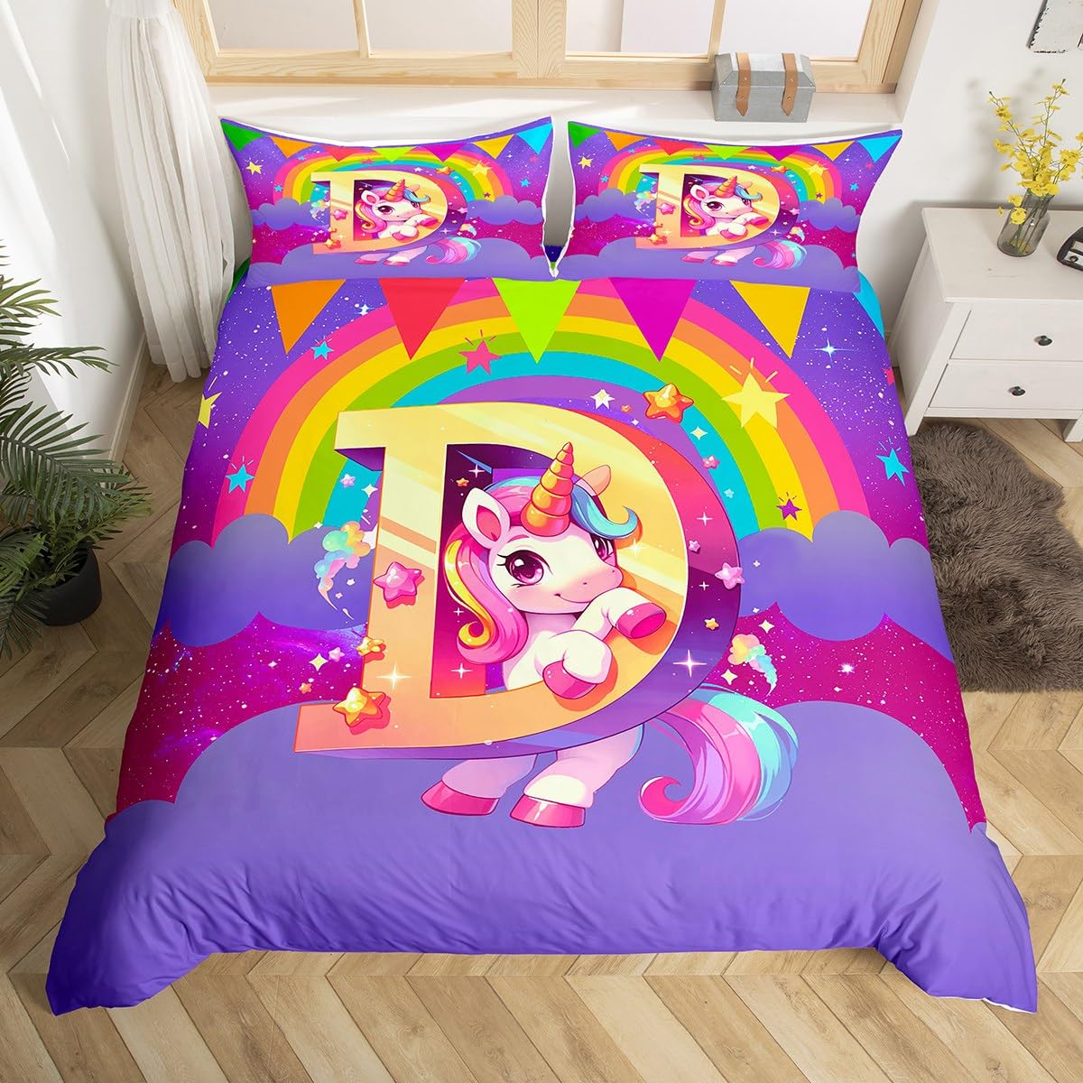 

Initial Letter K Duvet Cover Queen Kawaii Rainbow Unicorn Bedding Set for Boys Girl Monogrammed Comforter Cover Alphabet Bed Set EU Single(135*200cm)3pcs