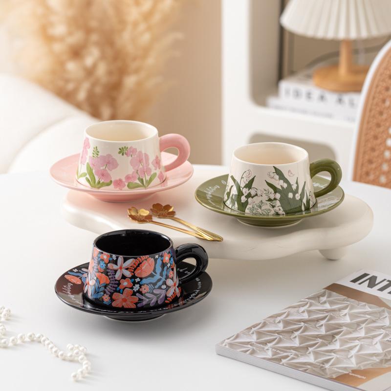 Linglong Flower Coffee Cup Saucer Set High Value Ceramic Mug Original Watercolor Fashion Ceramic Coffee Cup Saucer