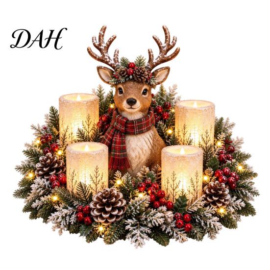 Urlaubs-Harz-Ornamente Beleuchtete Hochlandkuh Weihnachts-Tischmittelstück, Flackernde LED-Kerzen ohne Flamme, Frostige Kaminsims-Dekoration Kiefer Rote Beeren und E