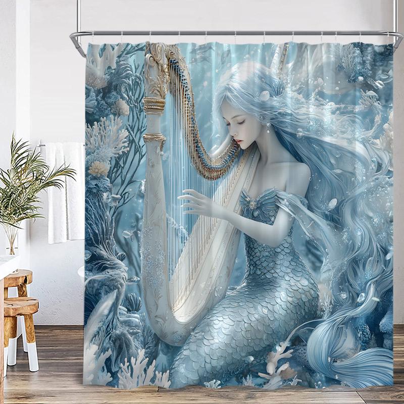 Ocean Mermaid Shower Curtains Sea Waves Cosmic Starry Sky Sunset Scenery Modern Fabric Home Bathroom Curtain Decor With Hooks