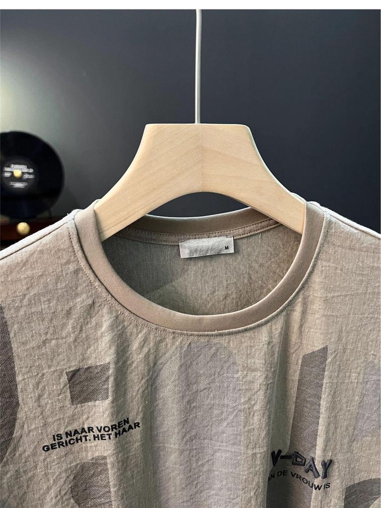 Men's Ultra-Thin Hip Hop Letter Print Short Sleeve T-Shirt, Summer 2024 Korean Style