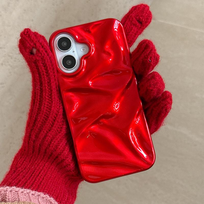 Red Glossy Irregular Wrinkle Phone Case For iPhone 16 Pro Max 17 Air 15 13 12 11 14 Plus Soft Silicone Protective Back Cover