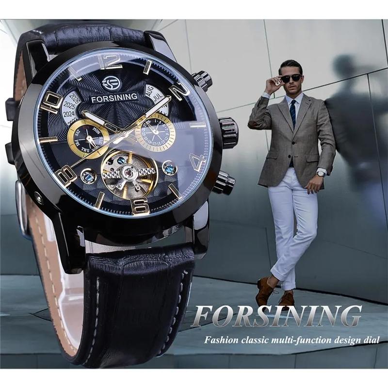 Forsining 165A Forsining Tourbillion Fashion bracelet Clock Multi Function Display Mens Automatic Mechanical Watches christmas