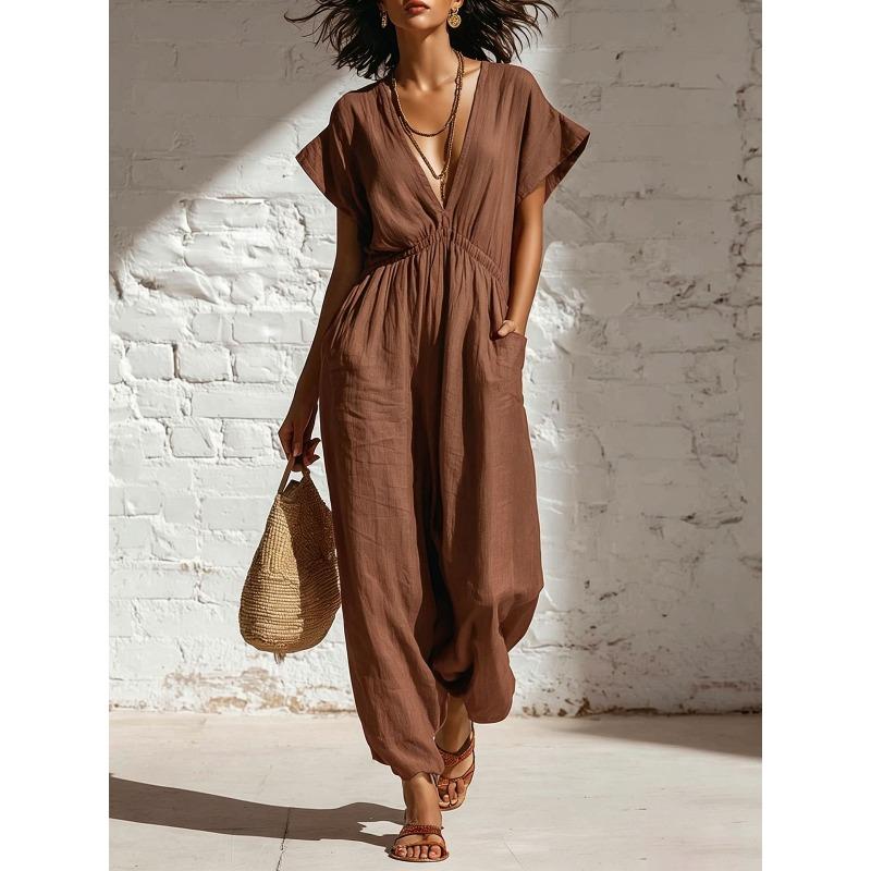 GMXIA Women's Fashion Casual Solid Color Print Summer Spring Short Sleeve V-Neck Suspenders trousers Jumpsuits & Rompers