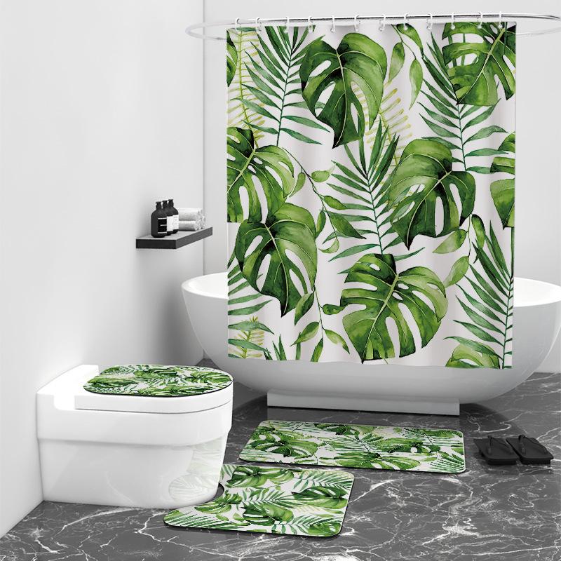 Tropical Palm Leaf Digital Printing Shower Curtain Bathroom Non-Punching Partition Curtain