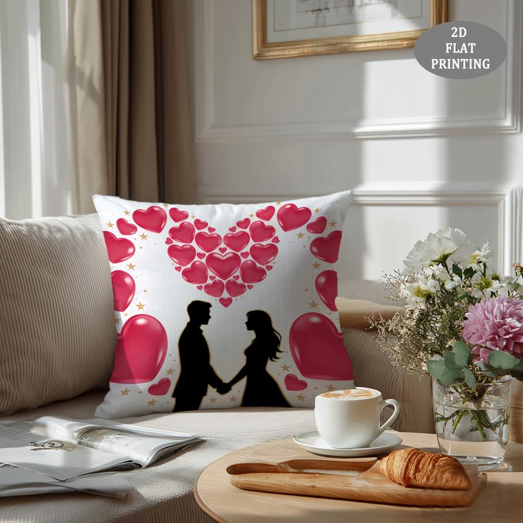 1pc Red Heart-Shaped Petal Pattern Plush Throw Pillow Cover | 2D Flat Printing, Single-Sided, 18x18 inch, Suitable for Sofa and Living Room Decor