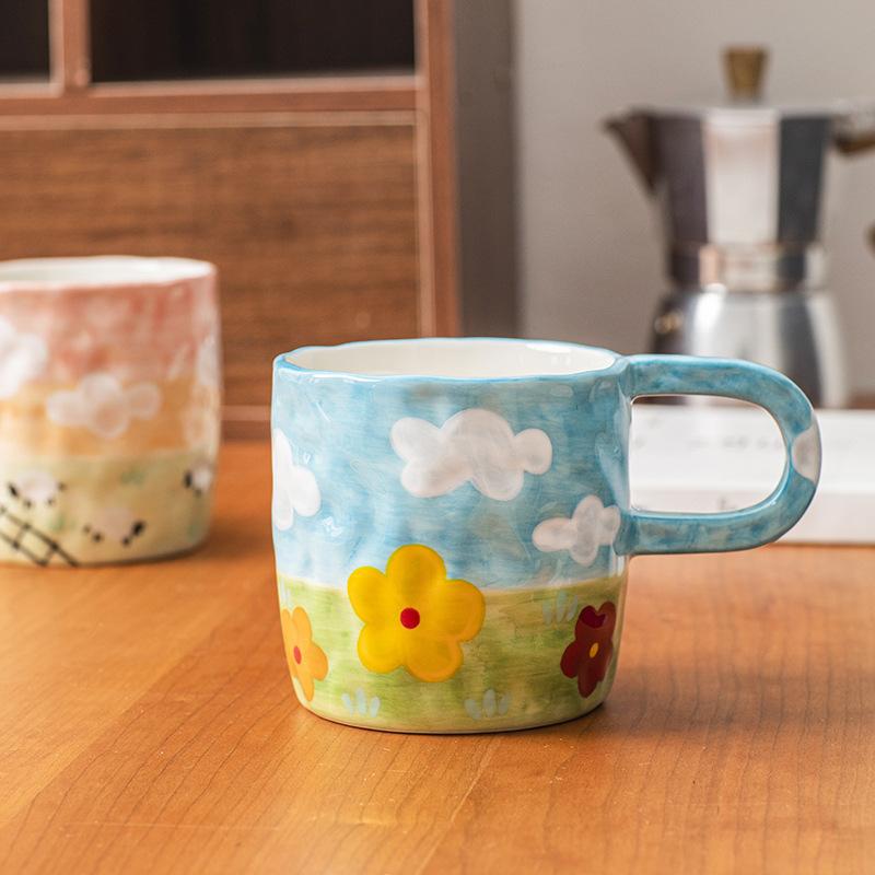 400ml Handbemalte Keramik Große Kaffeetasse mit Henkel Koreanischer Stil Floral Bewölkt Milchteetasse Mikrowellengeeignet