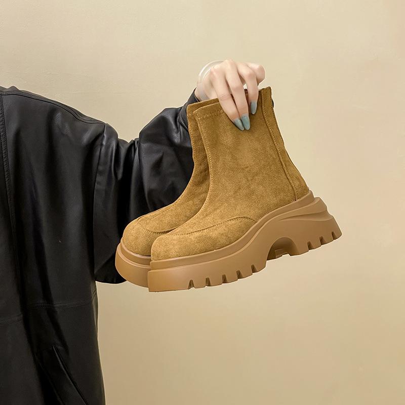 Fashion Retro Street Round Head Thick Heel Thick Sole Thin Boots Women's 2025 Autumn and Winter New Simple Small Martin Boots