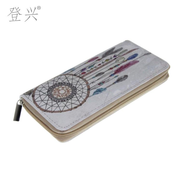 New ethnic style feather long PU zipper wallet, dream catcher clutch wallet wallet