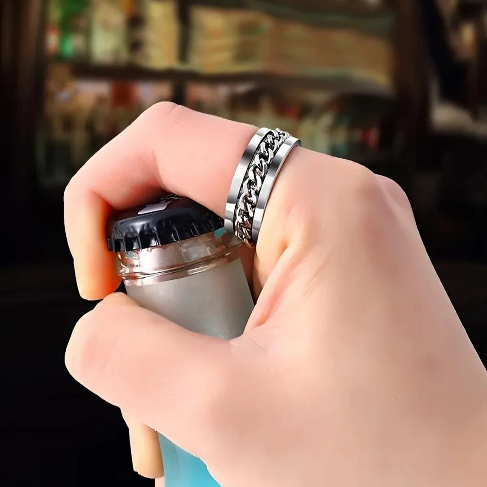 Stainless Steel Men's Woman Cool Rotatable Chain Ring Casual Finger Ring, Exquisite Men's Accessory Zircon