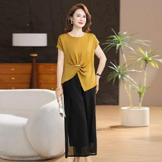 

Kuo Taitai Summer 2026 Ice Silk Short-Sleeve Top & Casual Two-Piece Set for Moms - New Chinese Style, Age-Reducing Design. 4XL жёлтый/имбирный