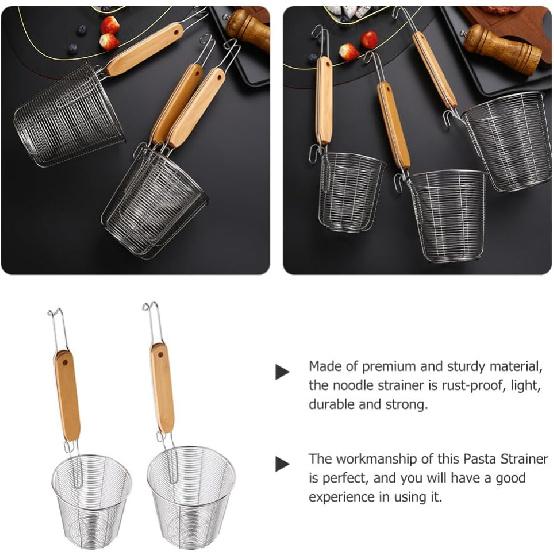 2pcs Kitchen Spider Strainer, Mesh Pasta Basket with Wooden Handle Stainless Steel Mesh Strainer Basket Mesh Spider Strainer for Pasta, Noodles,