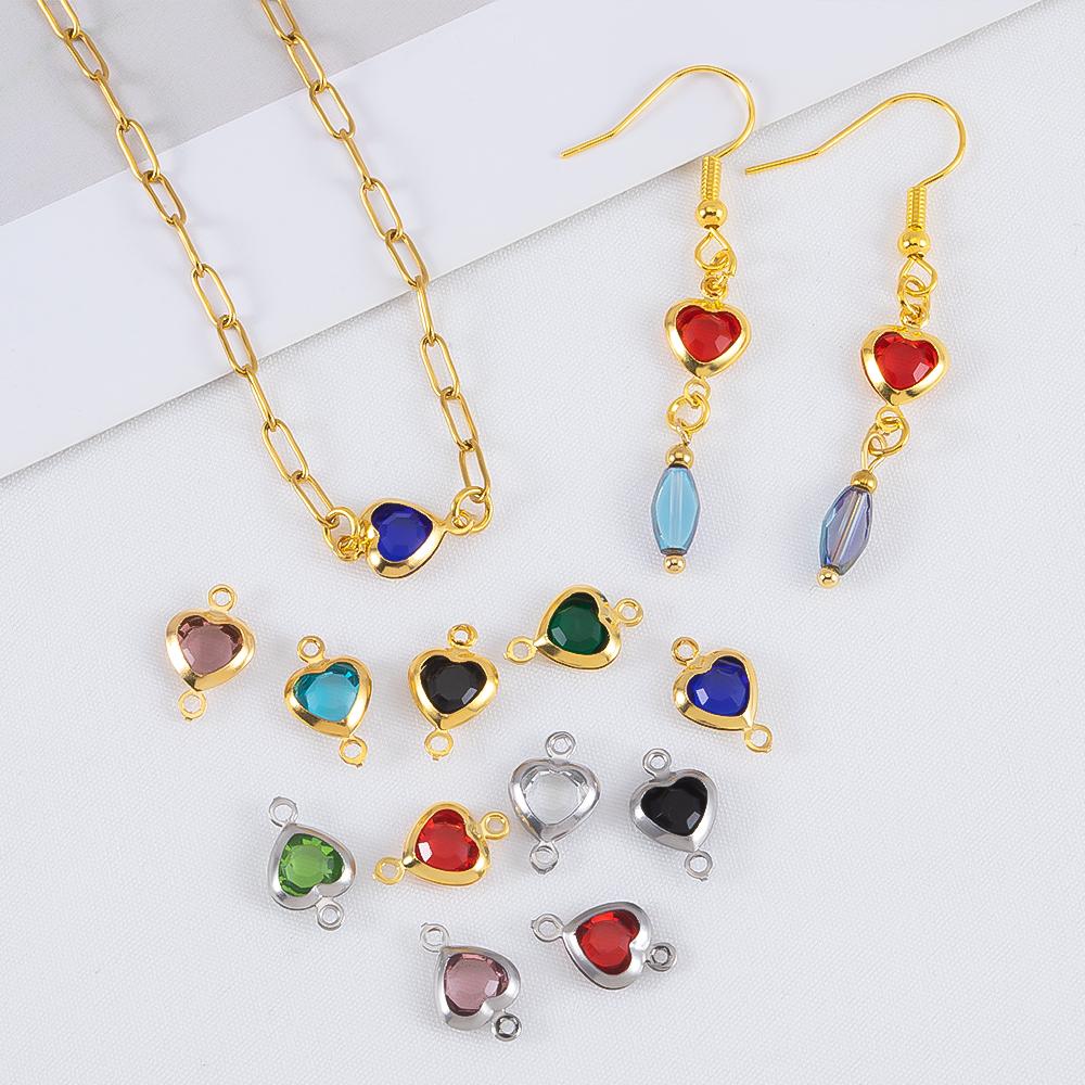 10pcs 7.5mm Stainless Steel Double Hole Heart Pendant Colorful Crystal Charms Connector for DIY Necklace Bracelet Jewelry Making