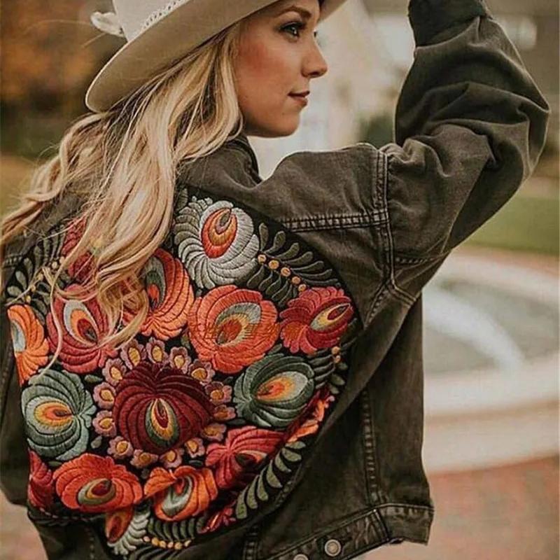 Vintage Oversized Multi Floral Embroidered Denim Jacket Women Cowboy Long Sleeve Lapel Casual Denim Coat Streetwear Outwear