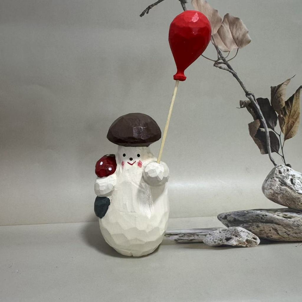

Wooden Mushroom Figurine With Balloons Handmade Home Decor Gift For Friends And Celebrations