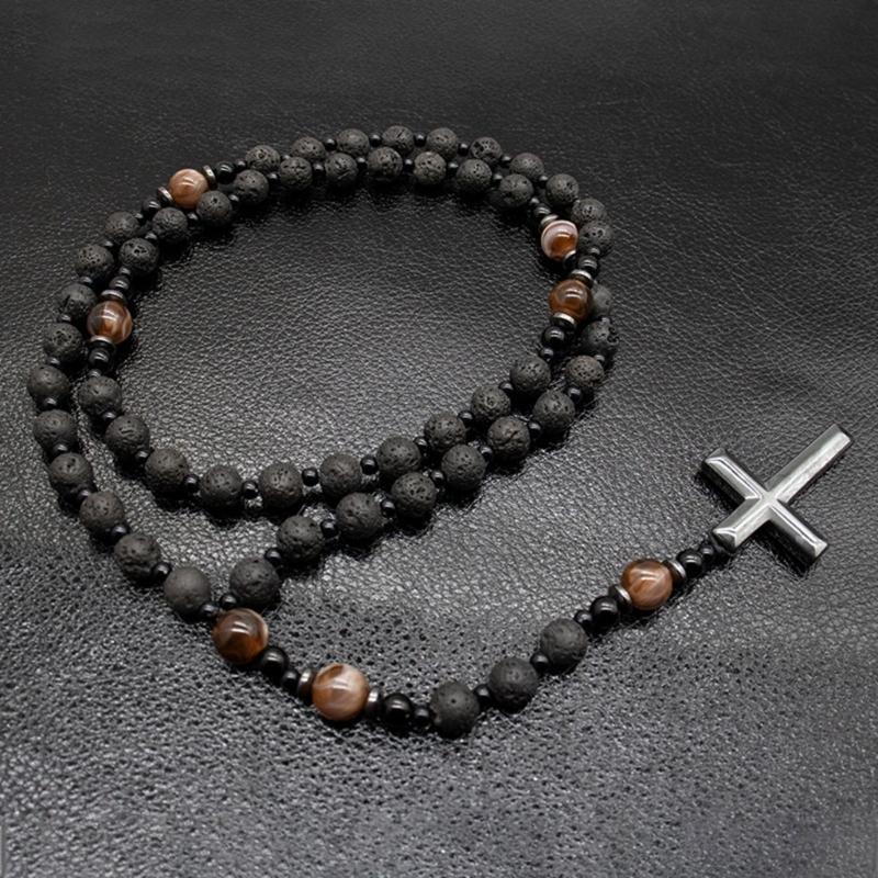 Handcrafted Crosses Pendant Jewelry Brown Tigers Eye Stones Unisex Daily Wear Mens Jewelry with Silver Spacers