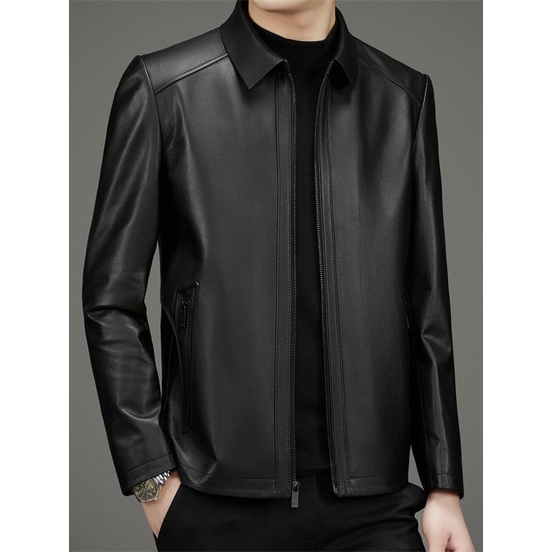 Men's Calfskin Leather Leather Jacket Spring and Autumn Middle-aged Business Casual Lapel Leather Jacket Jacket