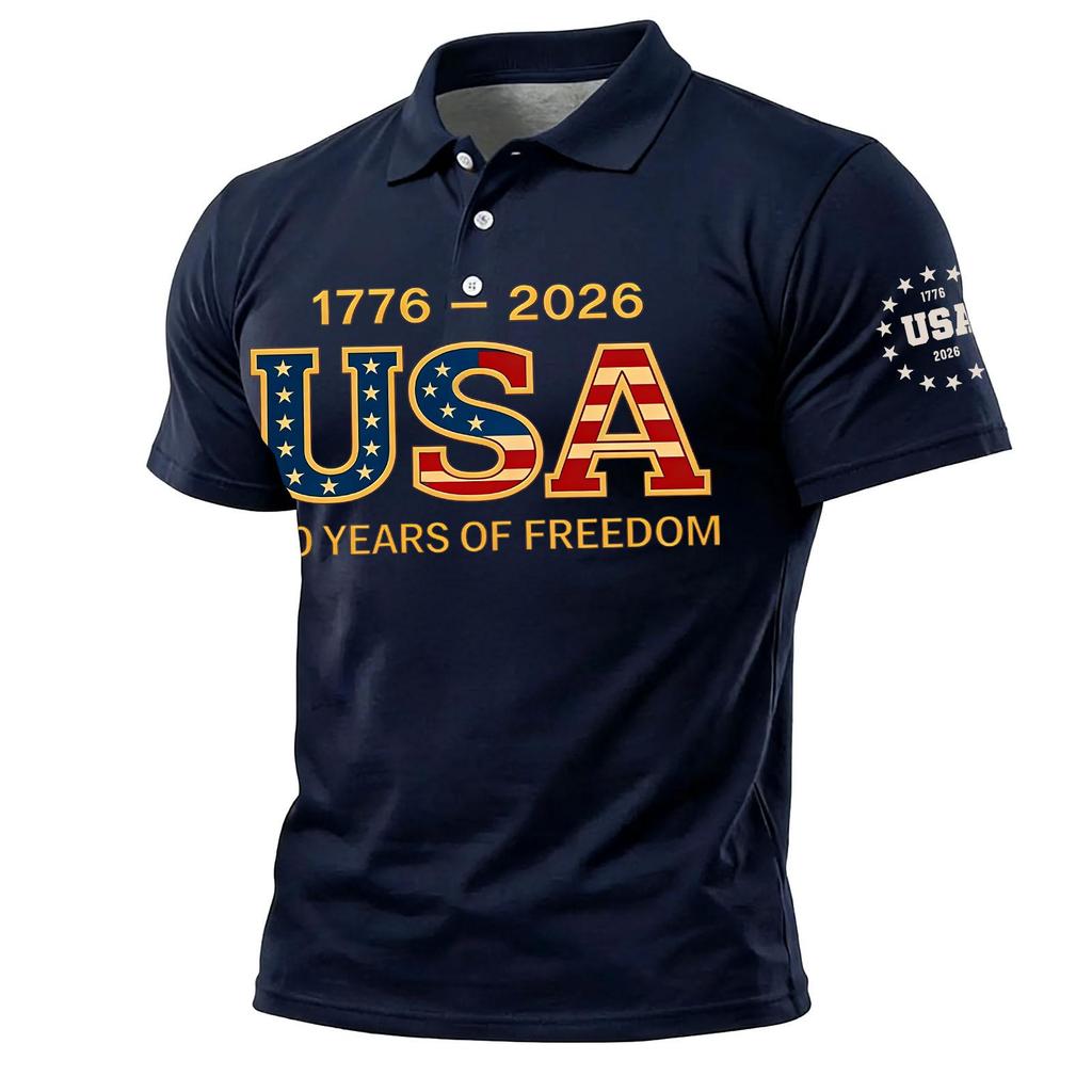 Men’s Short Sleeve Polo Shirt with USA 250 Years of Freedom Letter Print Classic Fit Soft Fabric Casual Top