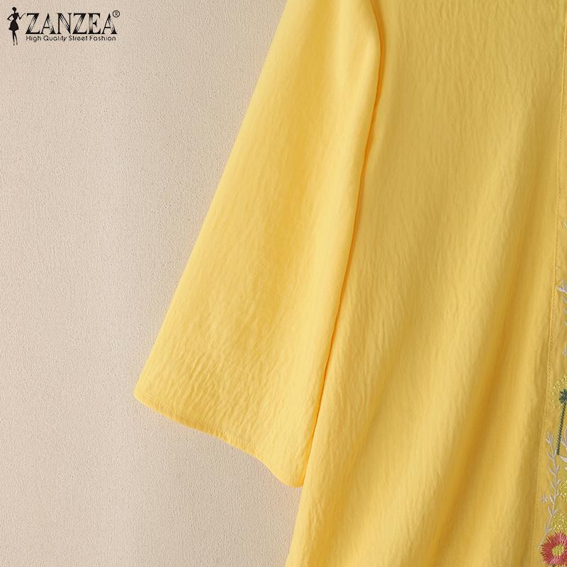 ZANZEA Women Casual Round Neck Floral Embroidery Loose Half Sleeve Blouse
