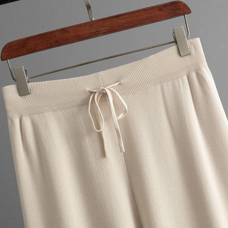 GMXIA Módní set: Dámský pruhovaný patchworkový pletený svetr s kulatým výstřihem a volným střihem, dvoudílné kalhoty s vysokým pasem, rovnými nohavicemi a širokými nohavicemi